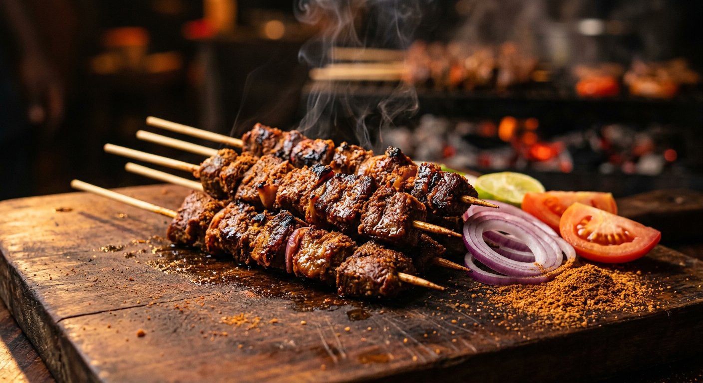 Freshly grilled Kampala Suya beef skewers with onions and yaji spice